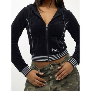 VTG Woman's Fila Sport Black Velour Zip-up Hoodie L Y2K Retro Streetwear
